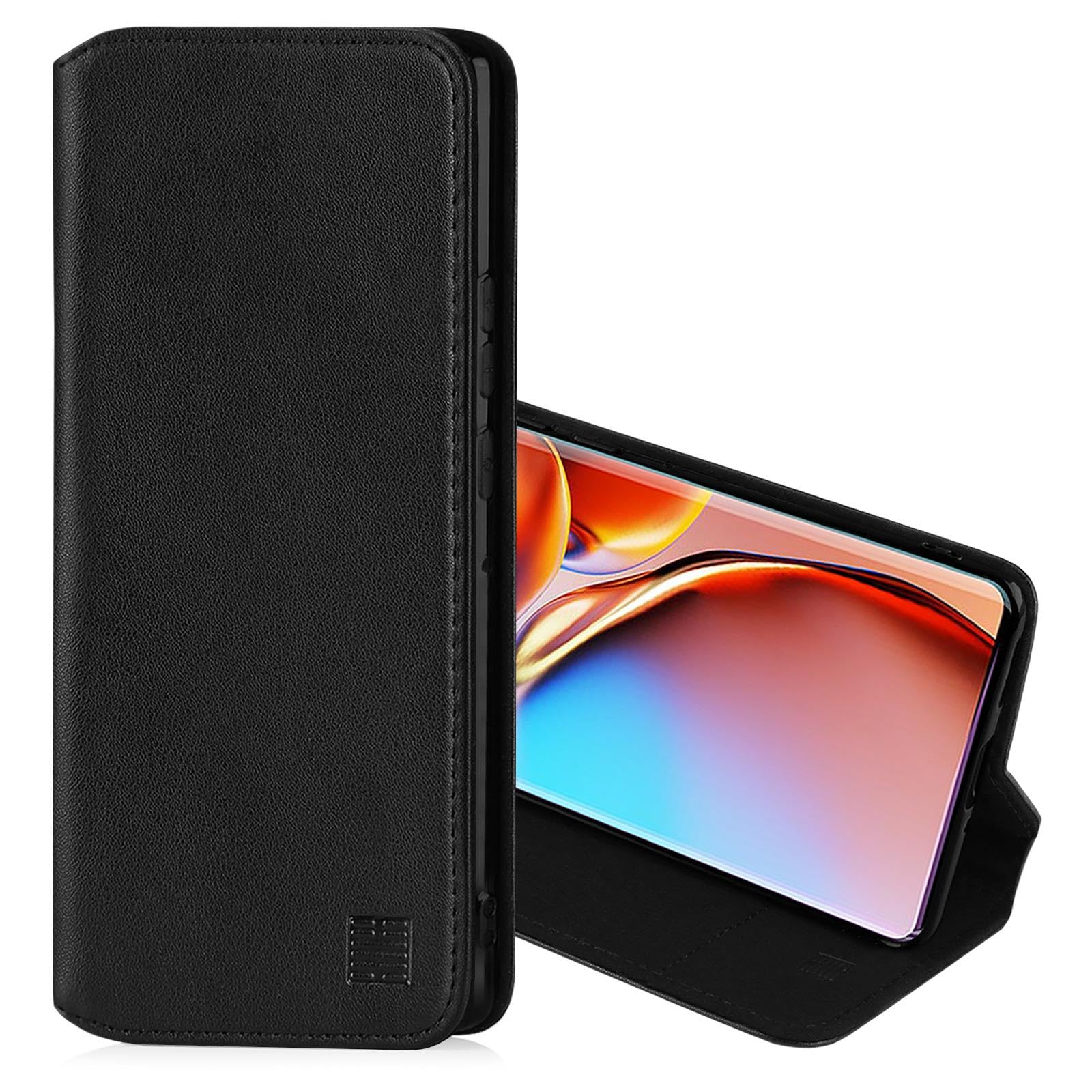 32nd Classic Series 2.0 - Real Leather Book Wallet Flip Case Cover For Motorola Edge 40 Pro, With RFID Blocking Card Slot, Magnetic Closure and Built In Stand - Black