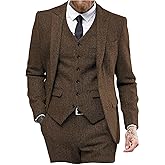 Mens Tweed Herringbone Wedding Suit Prom Tuxedos 3 Piece Peak Lapel Dress