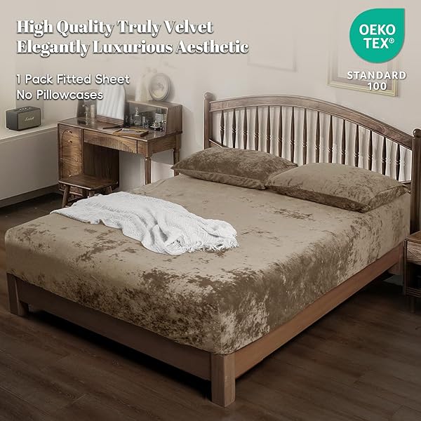 PHF TRULY VELVET FITTED SHEET ONLY KING SIZE, LUXURY SUPER SOFT COZY FUZZY FLEECE BOTTOM SHEET, DEEP POCKET UP TO 16″,STRENGHTH ELASTIC BAND,SUITABLE FOR FALL WINTER SPRING, NO PILLOWCASES, KHAKI