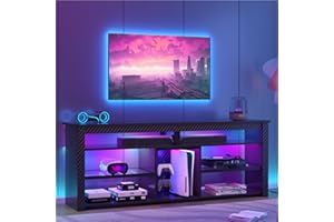 Bestier TV Stand for 70 inch TV, Tall Entertainment Center with 2 Led Lights, Gaming TV Console with Storage for PS5, Modern TV Cabinet for Bedroom, Living Room, Black Carbon Fiber