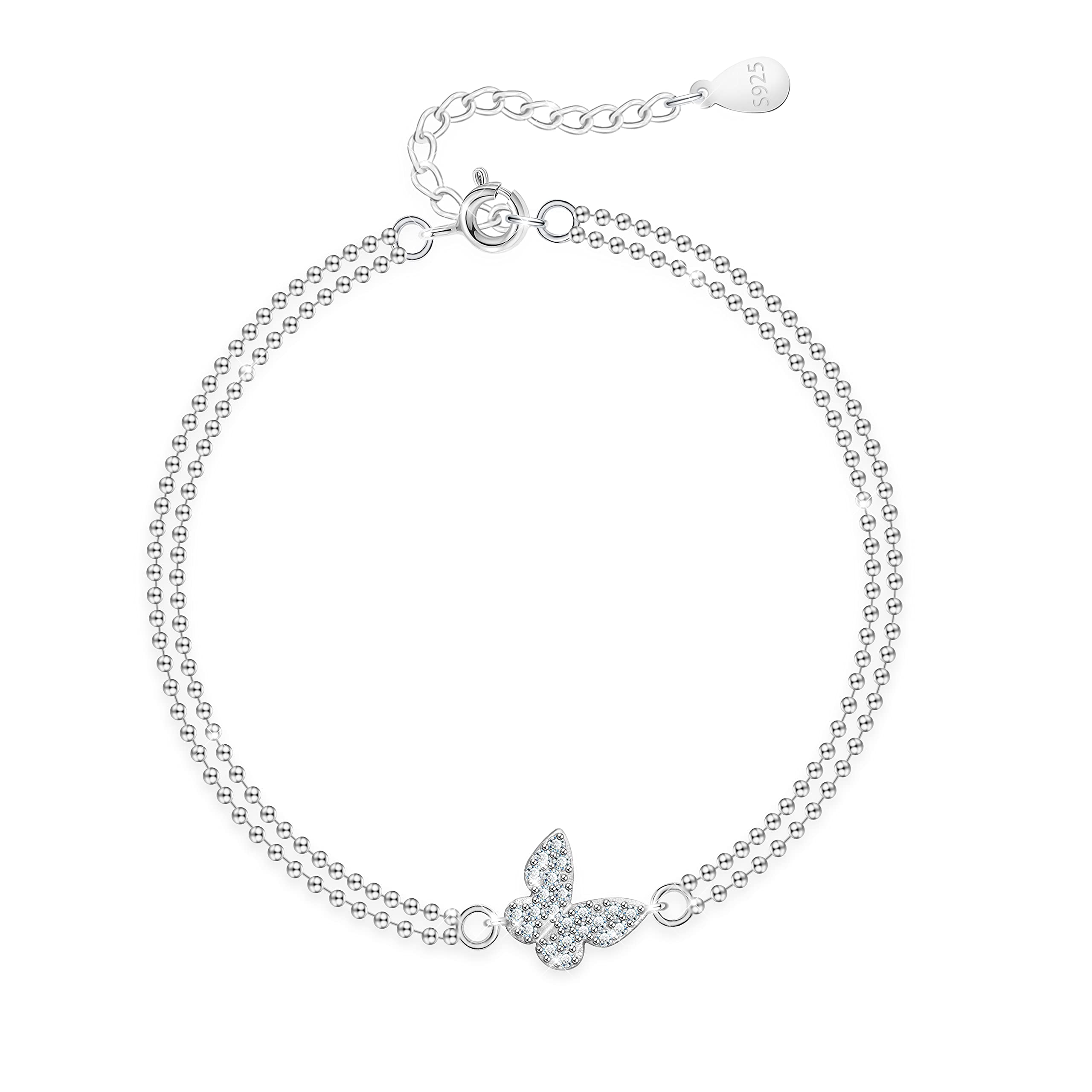 KristLand Silver Butterfly Bracelet 925 Sterling Silver Bracelet Hand Chain White Gold Plated Adjustable Silver Bracelet Anniversary Birthday Gifts for Women Ladies Girl