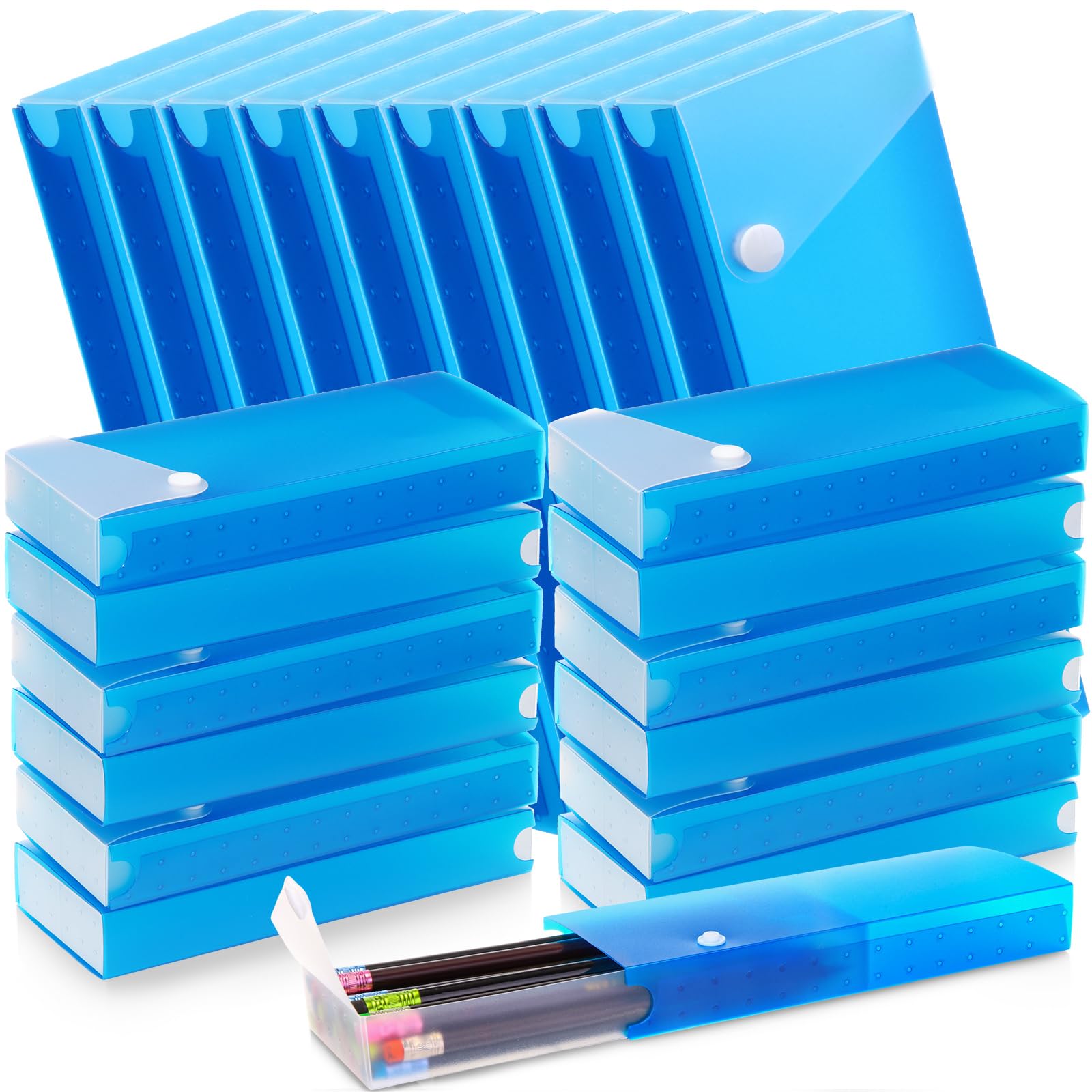 Photo 1 of Watersay Slider Pencil Case Bulk for Classroom Clear Plastic Pencil Box with Pull Out Drawer Snap Closure Storage Box Crayon Boxes Translucent Multi Purpose Organizer (Blue,24 Pcs)