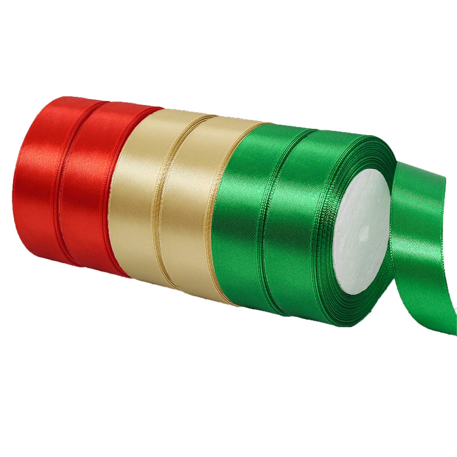 25mm Gold Red and Green Ribbon Thick Christmas Ribbon for Gift Wrapping 6 x 22m, 1 inch Gold Red and Green Satin Ribbon for Christmas Cake Xmas Present Wrapping Hair Bow Crafts Decorations