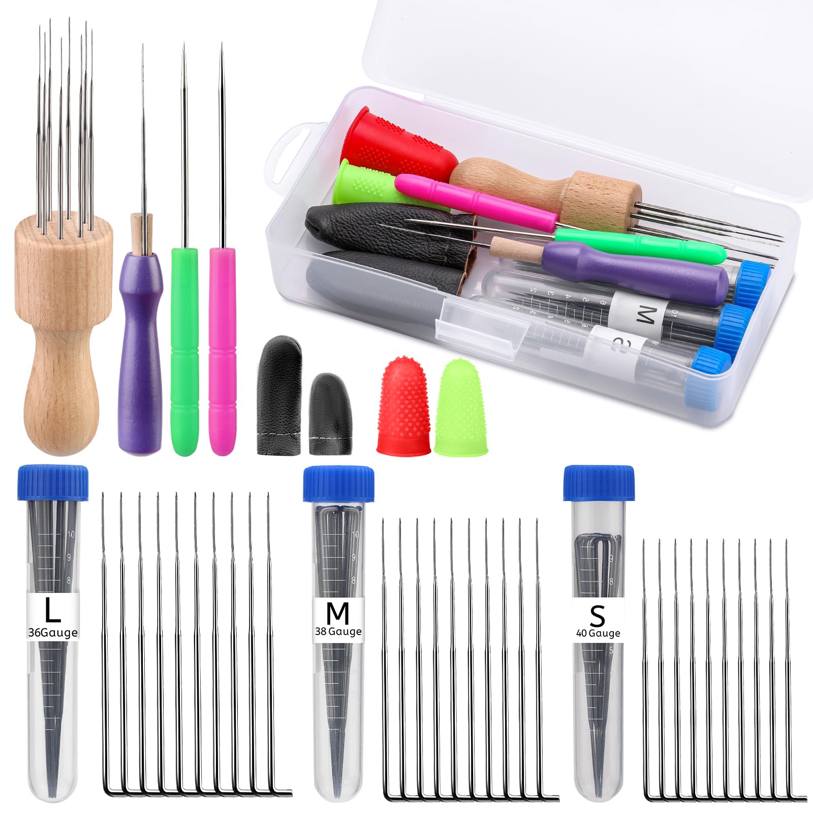 Unknown brand Felt needle set for beginners, 3 sizes iron needles, wooden handle, awls, fingertip, instructions & other tools for wool felting DIY