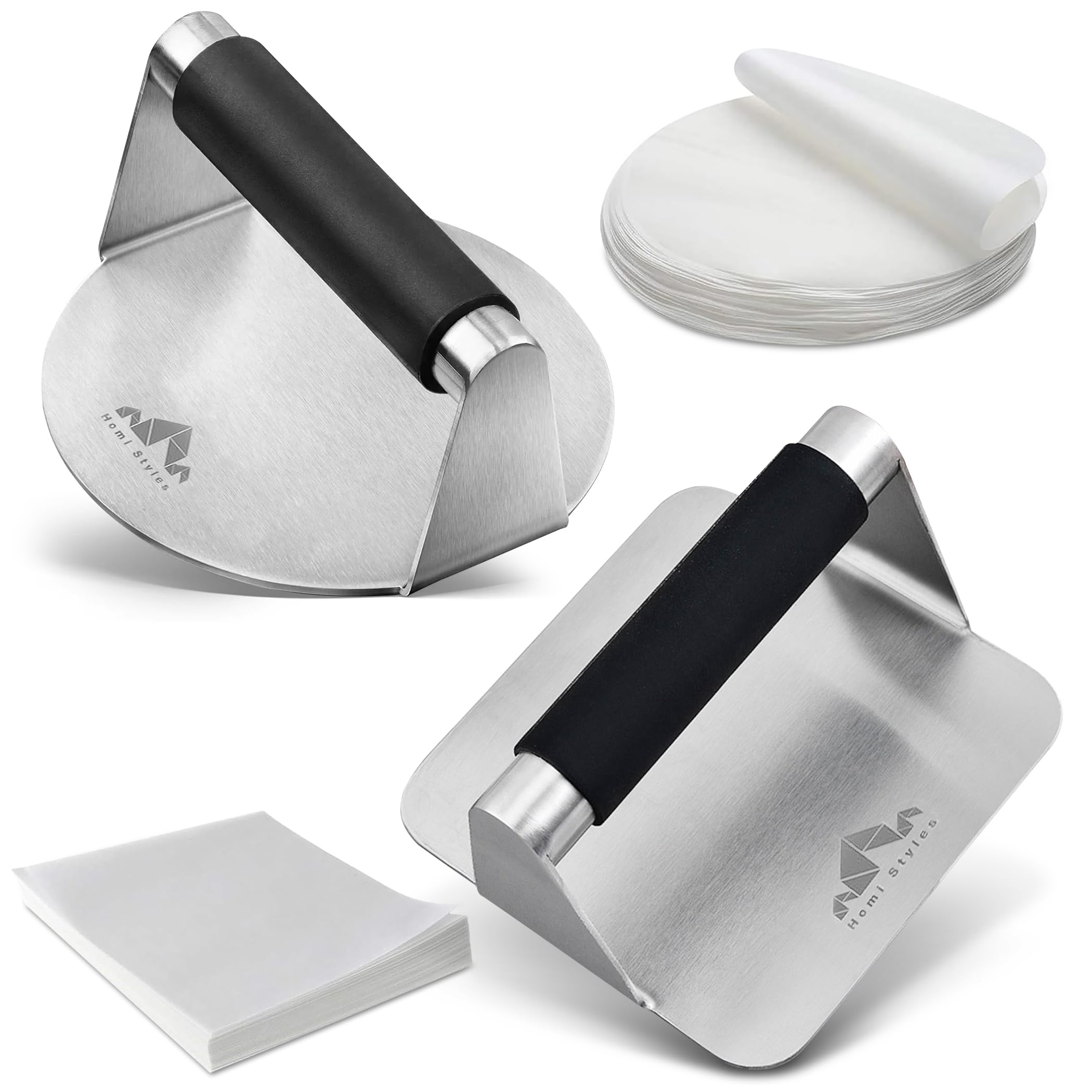 Photo 1 of Homi styles Stainless Steel Burger Press –5.5 inch Round and Square Meat Masher with Silicone Handles – Non-Stick Hamburger Press with 100Pcs Parchment Papers – Burger Smasher for Hamburger Patties