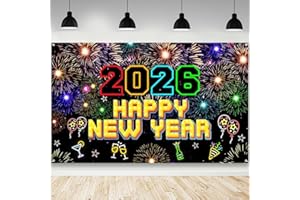 AIBIIN Happy New Year Banner 2026 New Year Eve Backdrop Neon Happy New Years Party Decorations 2026 Colorful Fireworks Family