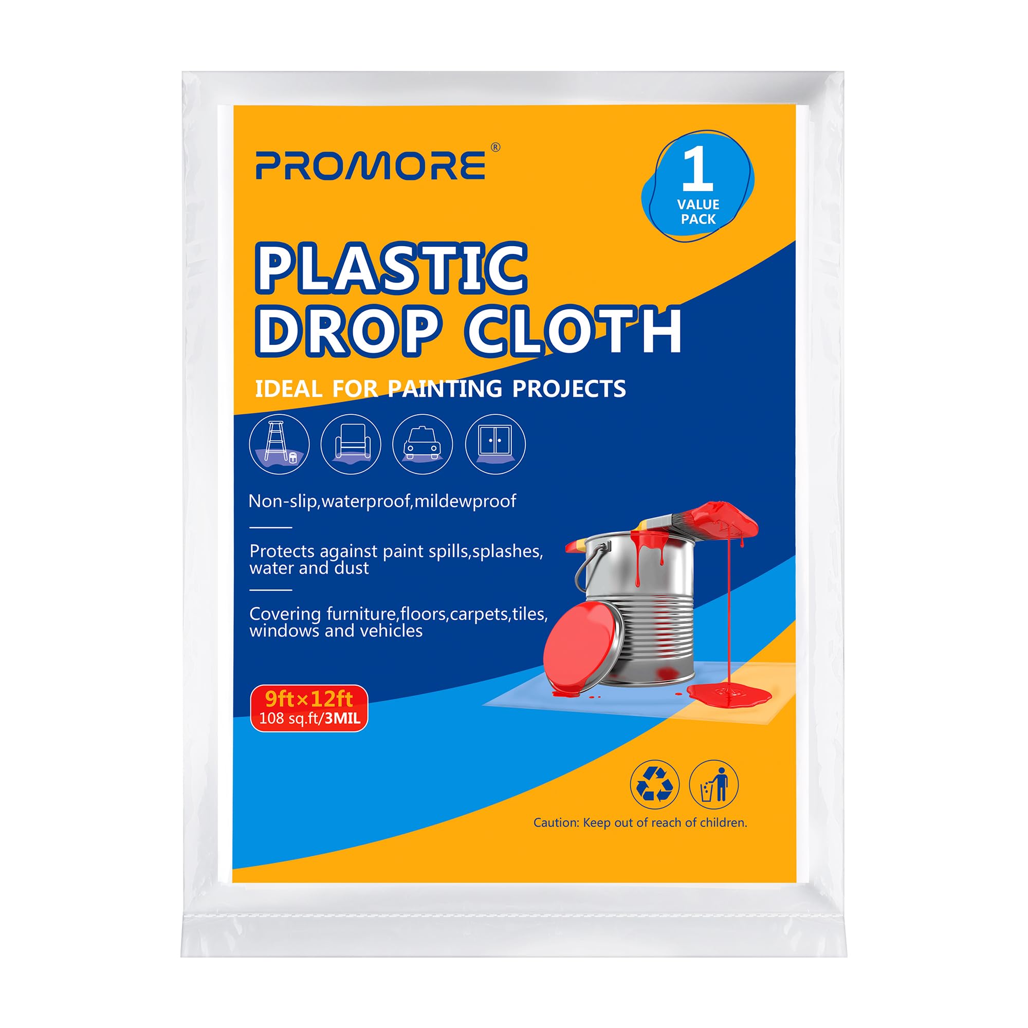 ROMORE 1 Pack Plastic Dust Cover Sheet for Decorating 3.66 x 2.74m-76.2 microns Polythene Sheeting Painting Decorating Furniture Floor Carpets Protection,Proof Waterproof Painter Drop Cloth
