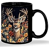 JINYO Vintage Floral Deer Mug, Deer Lover Gifts Coffee Cup, Rustic Dark Cottagecore Botanical Forest Animal Ceramic Coffee Tea Mug 11 oz