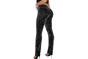Floerns Women's Contrast Sequin Elastic Waist Shiny Straight Leg Party Pants