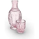Zanzer 33.8 Oz Carafe Set with Glass Tumbler, Vintage Bedside Glassware for Water or Juice - Unique Antique Pitcher - Beautifully Etched Carafe & Tumbler Duo for Home Decor & Gifting (Pink)