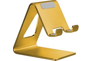 Aoviho Desk Cell Phone Stand Phone Holder - Aluminum Phone Cradle Dock for iPhone 14 13 12 pro 11 X Xs max 8 7 6 6s Plus SE 5 5s SE Samsung, All Smart Phones (Medium Yellow)