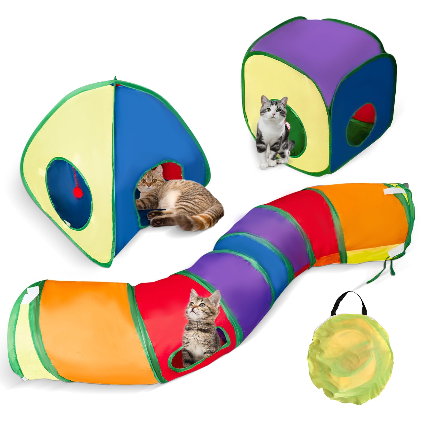 3 in 1 Rainbow Cat Tunnel Toy - Foldable Cats Play Tunnel Cube Tent, Cat Interactive Maze Toy, Tunnel Toy Gifts for Pets Kitten Puppy Rabbit Piggy Guinea Pig, Easy to Fold and Clean
