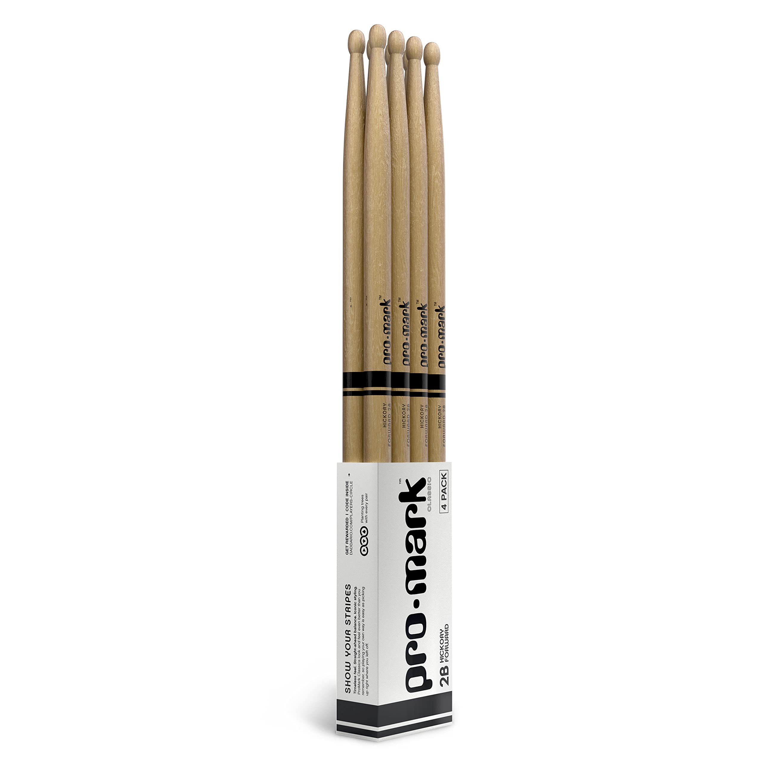 ProMark Drum Sticks - Classic Forward 2B Drumsticks - Drum Sticks Set - Oval Wood Tip for Dark, Warm Tone - Hickory Drum Sticks - Consistent Weight and Pitch - 4 Pairs