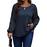 Eytino Womens Plus Size Tops Lace Long Sleeve Waffle T Shirts Casual Crewneck Tunic Tops(1X-5X)