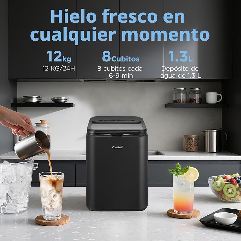 ' Máquina de Hielo, 8 Cubitos en 6 Minutos (12kg/24h), 2 Tamaños