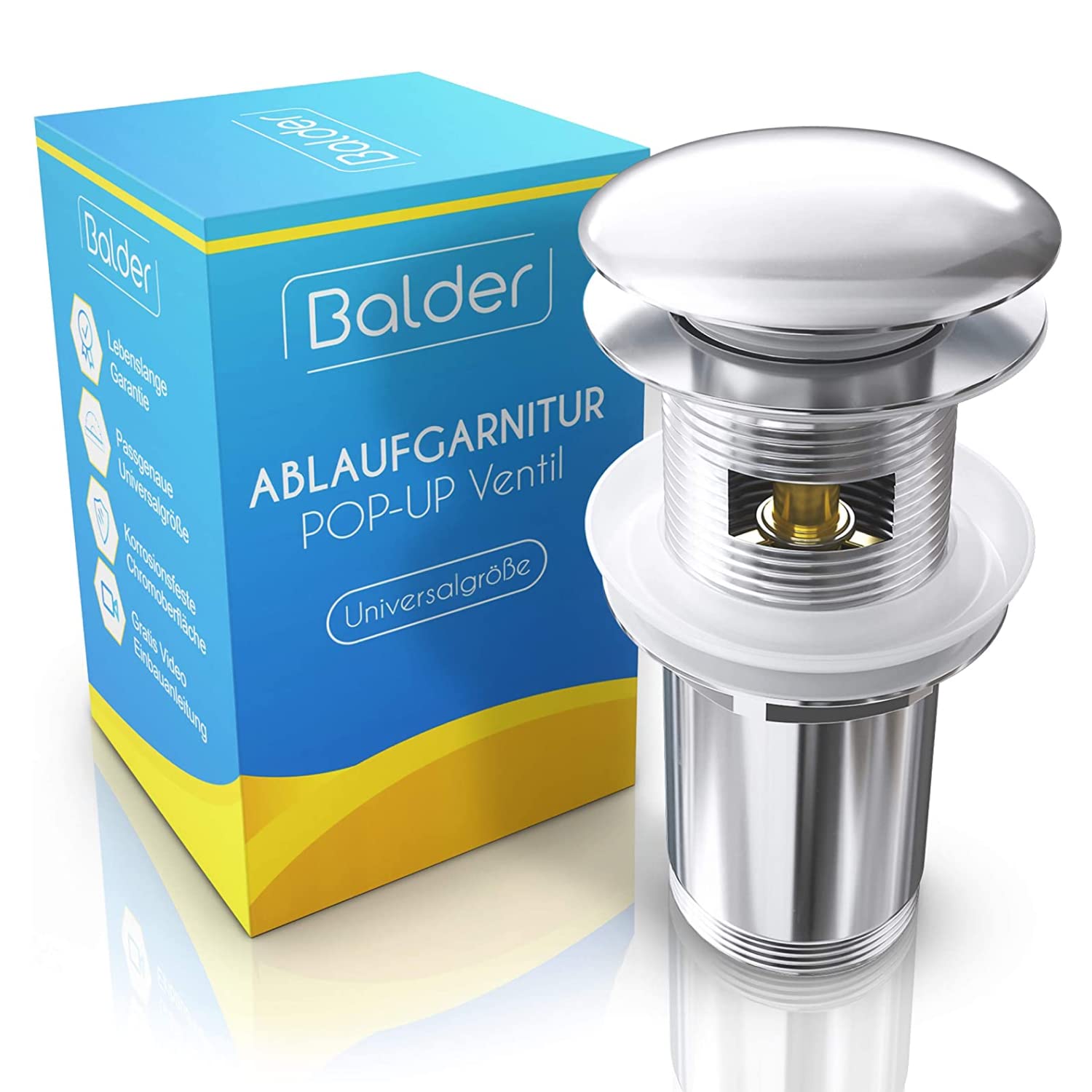 BALDER (Original) - Premium Universal Pop Up Sink Plug, Bathroom Sink Plug for Basin Waste - Precise Chrome Platted Fitting Brass Drain Valve with Free Seal Rings