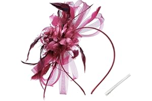 WATAME Women's Fascinators Feathers Mesh Ribbons Tea Party Hats with Headband and Clip Fascinator Hat (Burgundy)