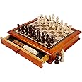 Juegoal 12-Inch Wooden Chess & Checkers Set with Storage Drawer, Portable Board Games for Kids and Adults