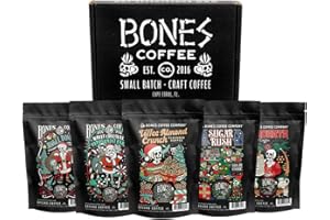 Bones Coffee Company Holiday Favorites Bundle, 5 Assorted Flavored Coffee Low Acid Medium Roast Arabica Beans Specialty Coffee Gifts, Auto Drip and French Press Compatible, 4 oz Pack of 5 Ground