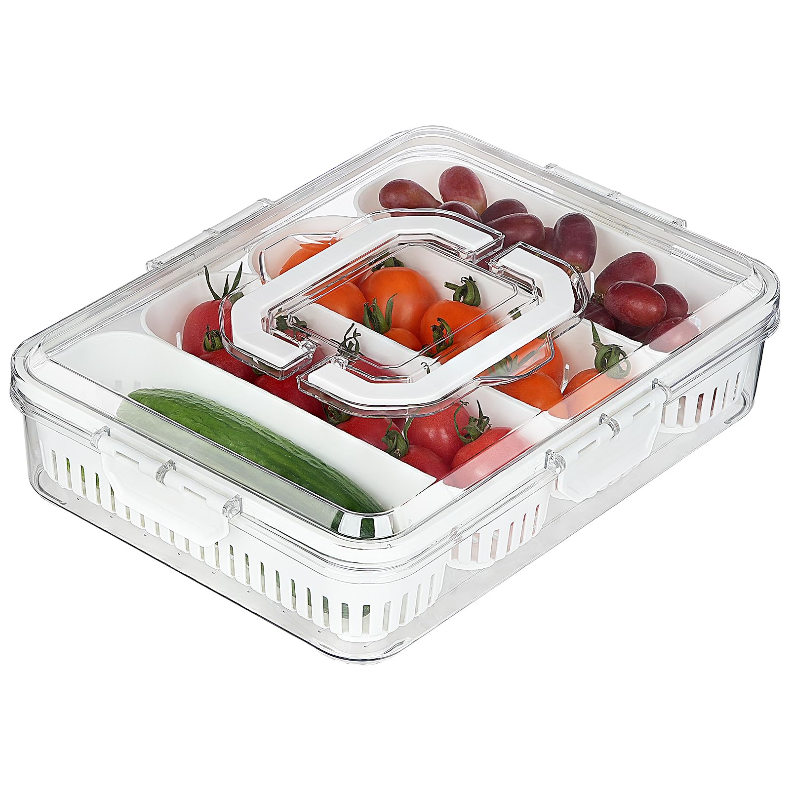 Photo 1 of CWYEYE Snackle Box Container, 4-Compartment Divided Portable Snack Box with Lid and Handle, Clear Serving Tray for Fruit Veggie Candy Nuts Party Entertaining Picnic