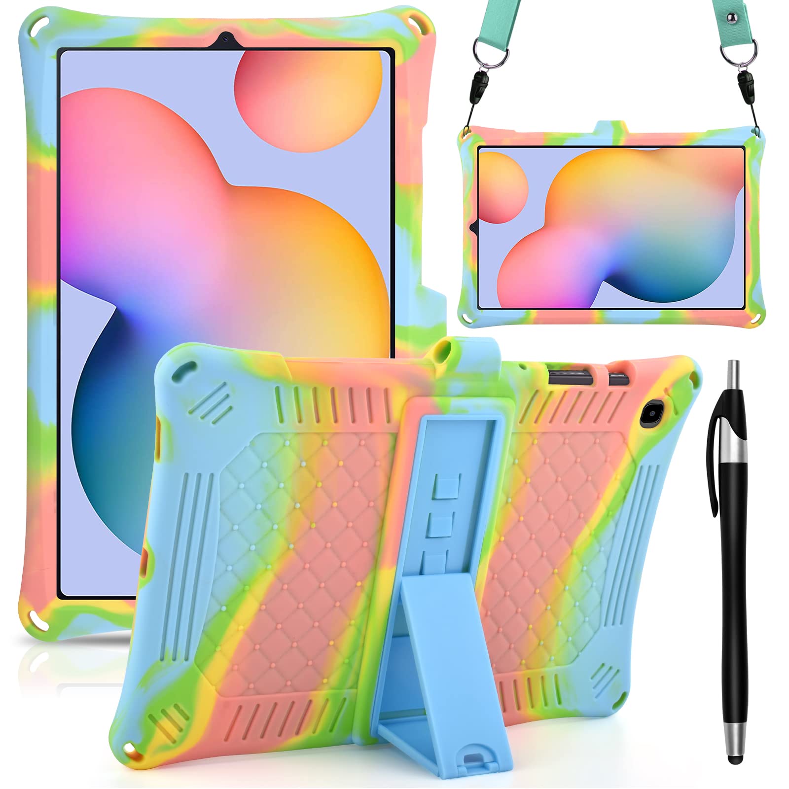 Photo 1 of DETUOSI Case for Samsung Galaxy Tab S6 Lite 10.4" 2024/2022/2020 with Shoulder Strap, Stylus Pen, Multi-Angle Soft Silicone Case for Galaxy S6 Lite Tablet, Model(SM-P610/P613), Orange Pink & Blue
