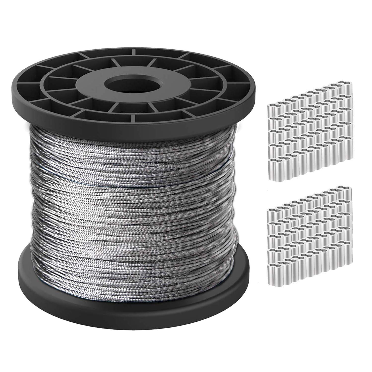 1/16 Wire Rope,304 Stainless Steel Wire Cable,50m/164ft Length Aircraft Cable,7x7 Strand Core,368lbs/167kg Breaking Strength with 100 Pcs Aluminum Crimping Clamps Loop Sleeve