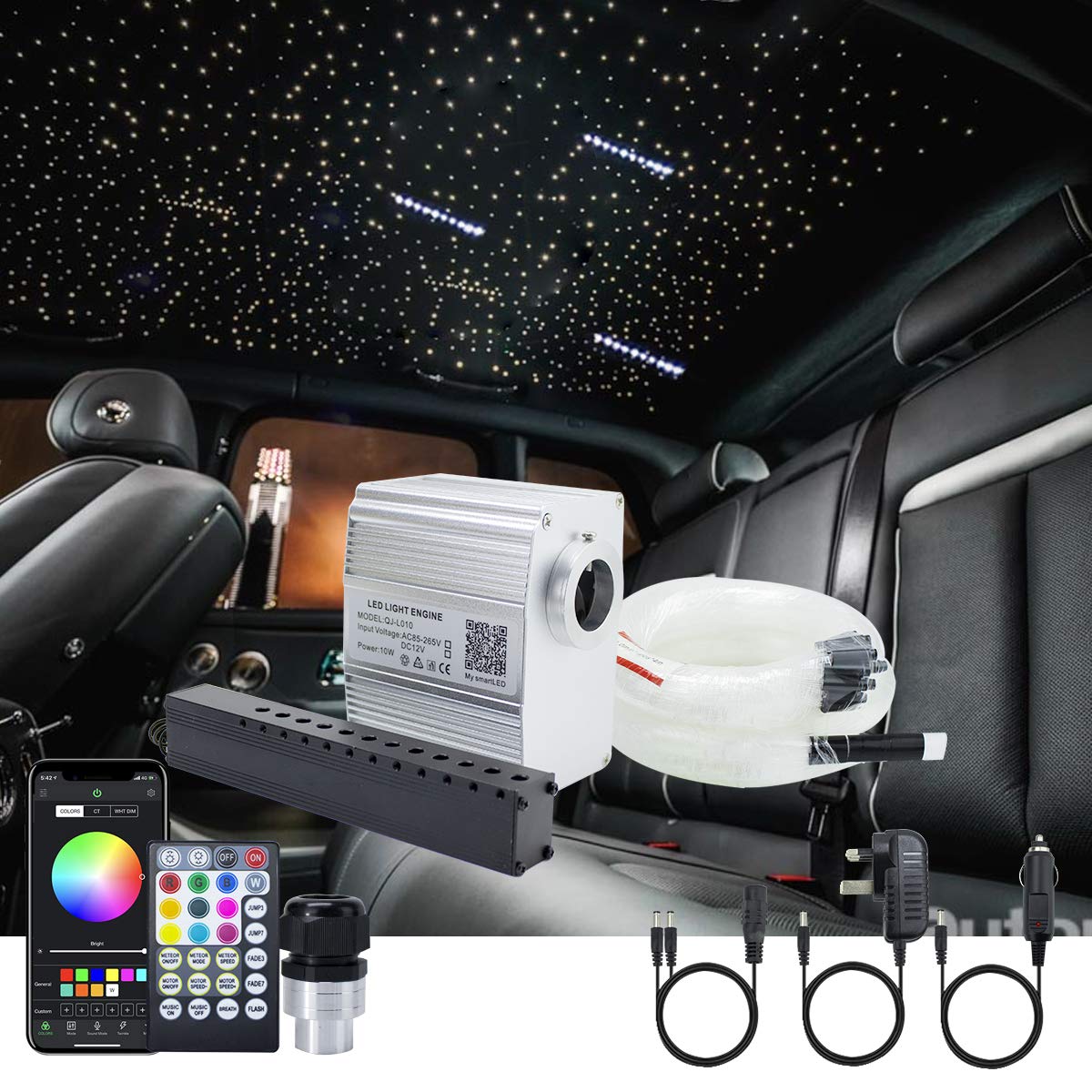 Callsky Car Home Use 10W RGBW Twinkle Music Activated APP Control Fiber Optic Star Ceiling Light Kit with Shooting Stars Effect, 28key Remote + Fibers, Total 380pcs of 9.8ft/3m (0.02+0.03+0.04in)
