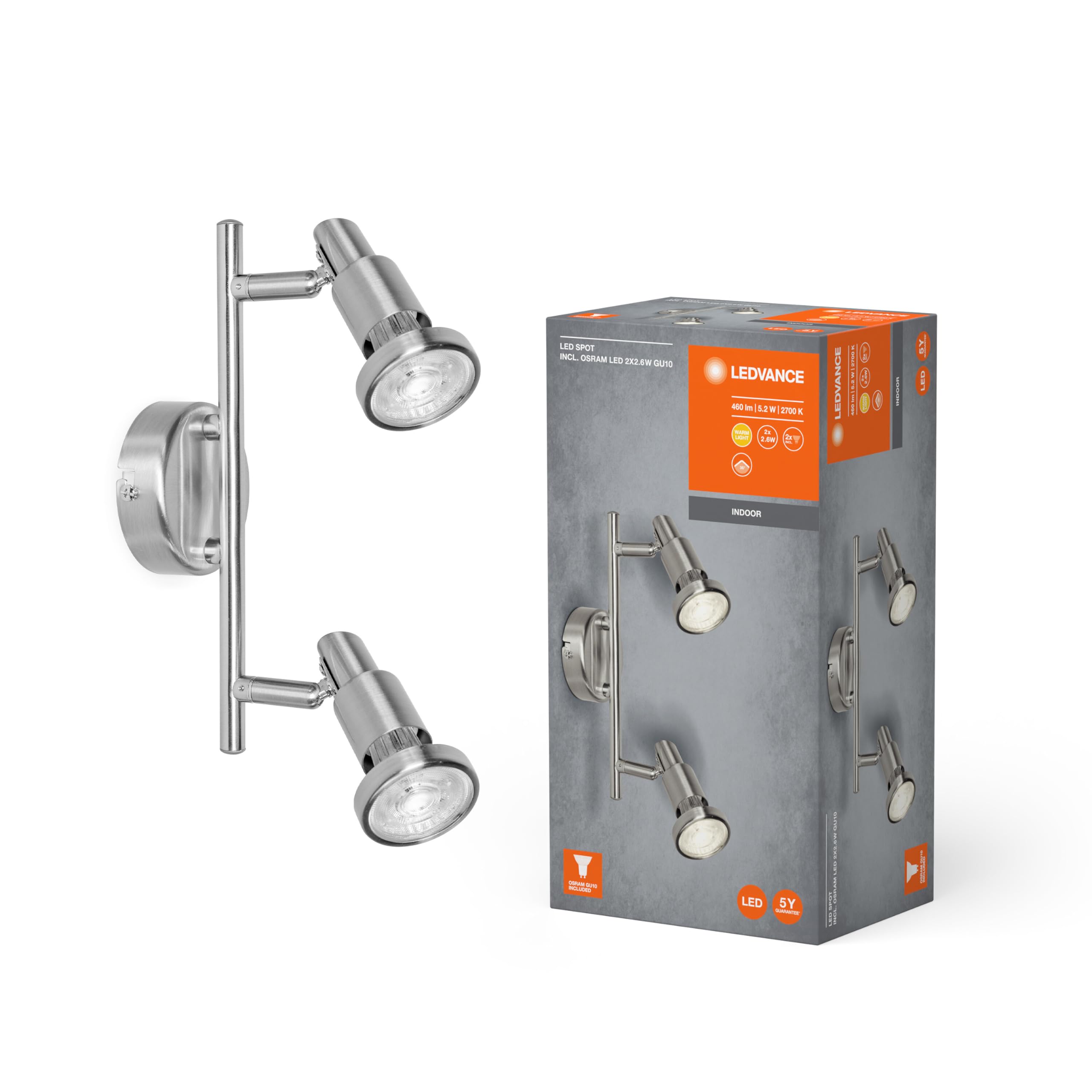 Ledvance LED Spotlight, 1-Flame High-Quality Spotlight Made of Aluminum, Suitable for Indoor Walls and Ceilings, Replaceable GU10 Lamp Included, Warm White (2700K), 3W, LED SPOT GU10 1x3W