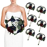 DIYDOFUN Set of 6 Bridesmaid Bouquets, 11 Inch Wedding Bouquets for Bridesmaids Artificial Flower Bouquets for Wedding Ceremony Bridal Shower Decorations - Burgundy & Navy Blue