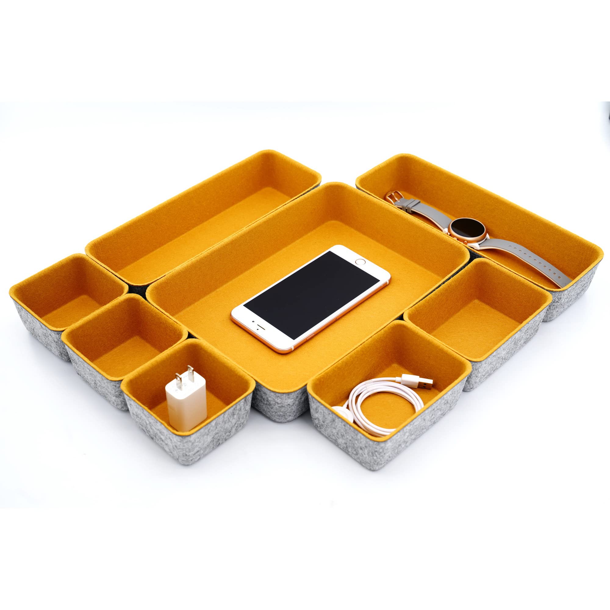 Photo 1 of Welaxy desk drawer organizers tray felt storage bin for office suppliers entryway catchall key holder makeup crafts pens decluttering 8-piece fall gift (Curry)
