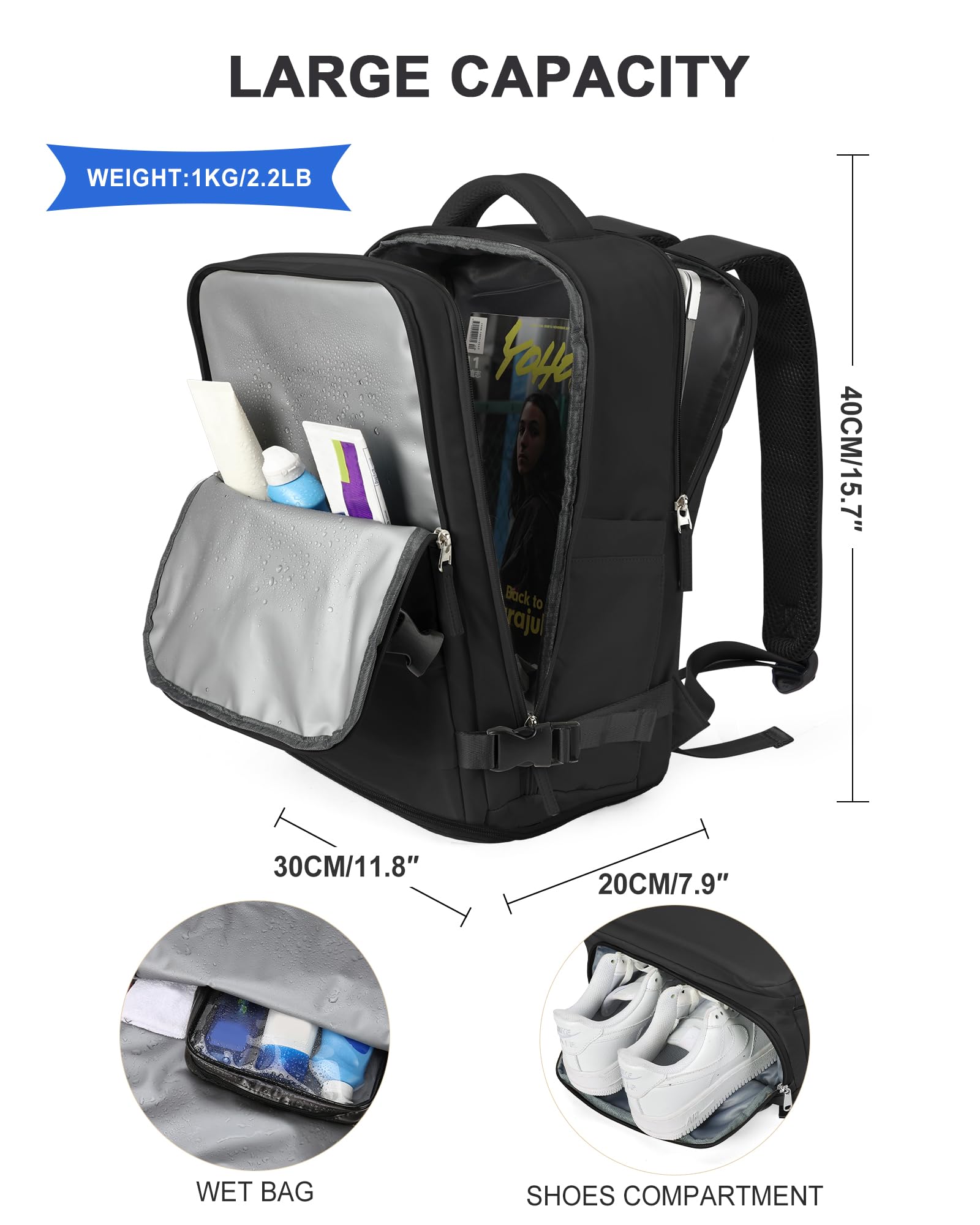 SZLX Rucksack 40x30x20 Wizz air Handgepäck Rucksack für Ryanair Vakuum Reiserucksack Flugzeug Easyjet Handgepäck Laptop Rucksack 14 Zoll mit Schuhfach für Herren Damen 3