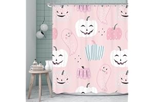 Ufeela Pink Halloween Pumpkin Shower Curtain 60Wx72L Inch Cartoon Cute Ghost Kids Shower Curtain Bathroom Set Funny Spooky Girl Child Trick or Treat Bath Curtain Bathtub Accessories Home Decor
