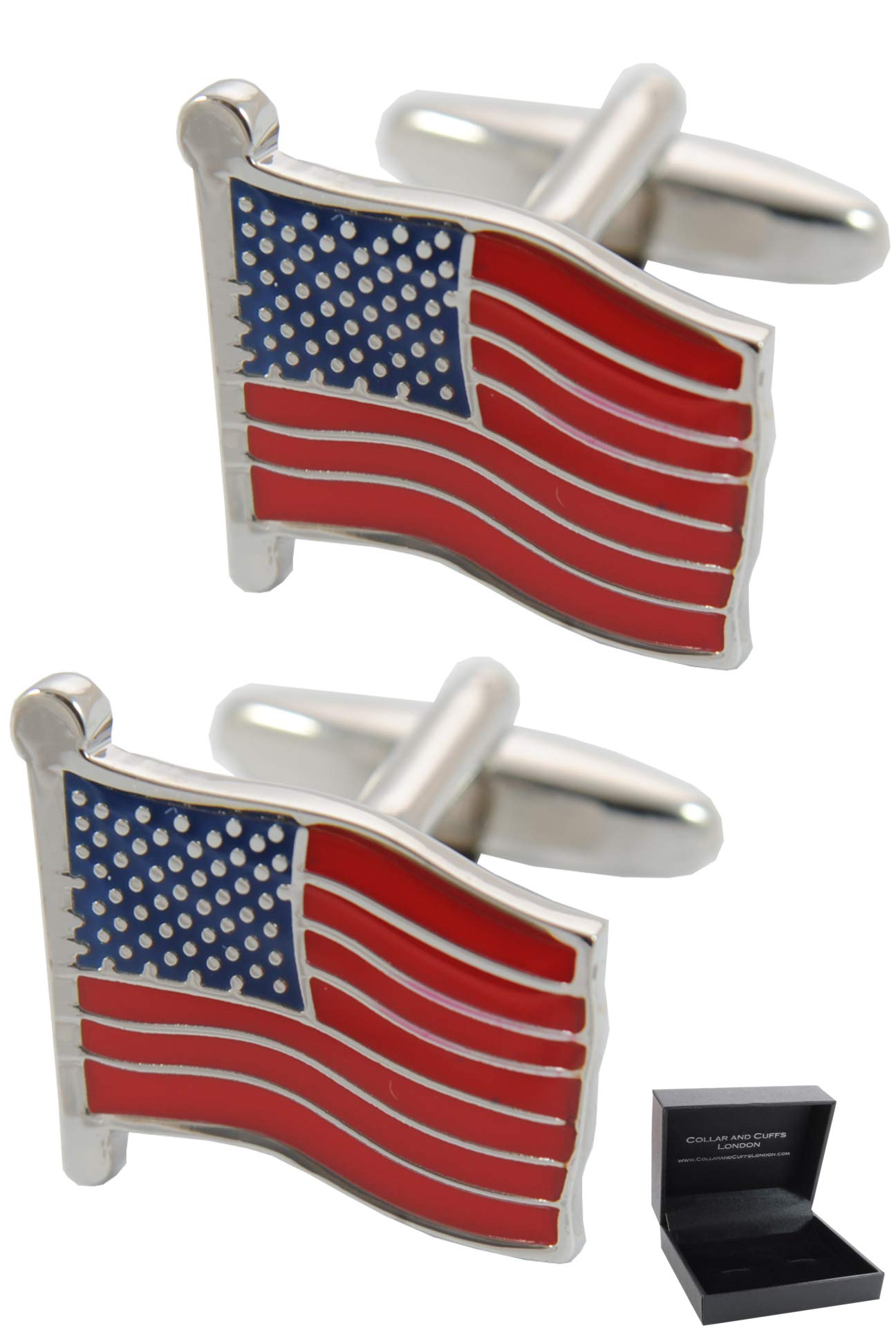 Cufflinks for Men + Presentation Box - USA - Flag Of The United States Of America - The Stars and Stripe - Brass Metal - Silver Blue and Red Colours - One Pair