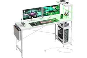 Bestier Gaming Desk with Power Outlets, 61 Inch Large Led Gamer Desk with 4 Tiers Reversible Shelves, PC Gaming Table with Headset Hook & Side Storage Bag for Bedroom (White 3D Carbon Fiber)