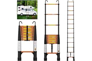 EVASTAR HOME EvaStar 12.5FT Telescoping Ladder, Aluminum Lightweight Ladder with Hooks&Stabilizers, 330lbs Max Capacity Collapsible Ladder, Extension Telescopic Ladders for Home, RV, Attic, Daily Work-Orange&Black
