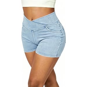 Lynroxia High Waisted Jeans Shorts for Women Stretchy Shorts Crossover Denim Summer Bermuda Pants with Pockets Summer