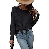 Leyoutx Women's Casual Crewneck Fringe Tassels Crochet Long Sleeve Knitted Fall Sweater Pullover Tops