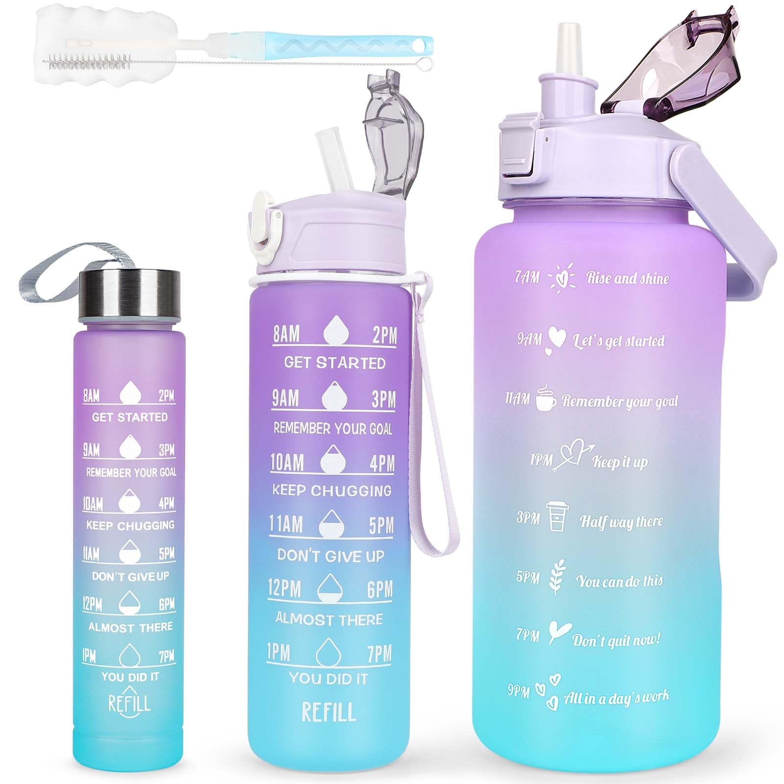 CodiCile 3 Pack Water Bottle 2L+750ml+200ml,Sport Water Bottle With Time Marking, Leak Proof Gym Drinking Bottle BPA Free, 2 Liters Large Canteen Water Bottle With Straw For Women Men, Purple