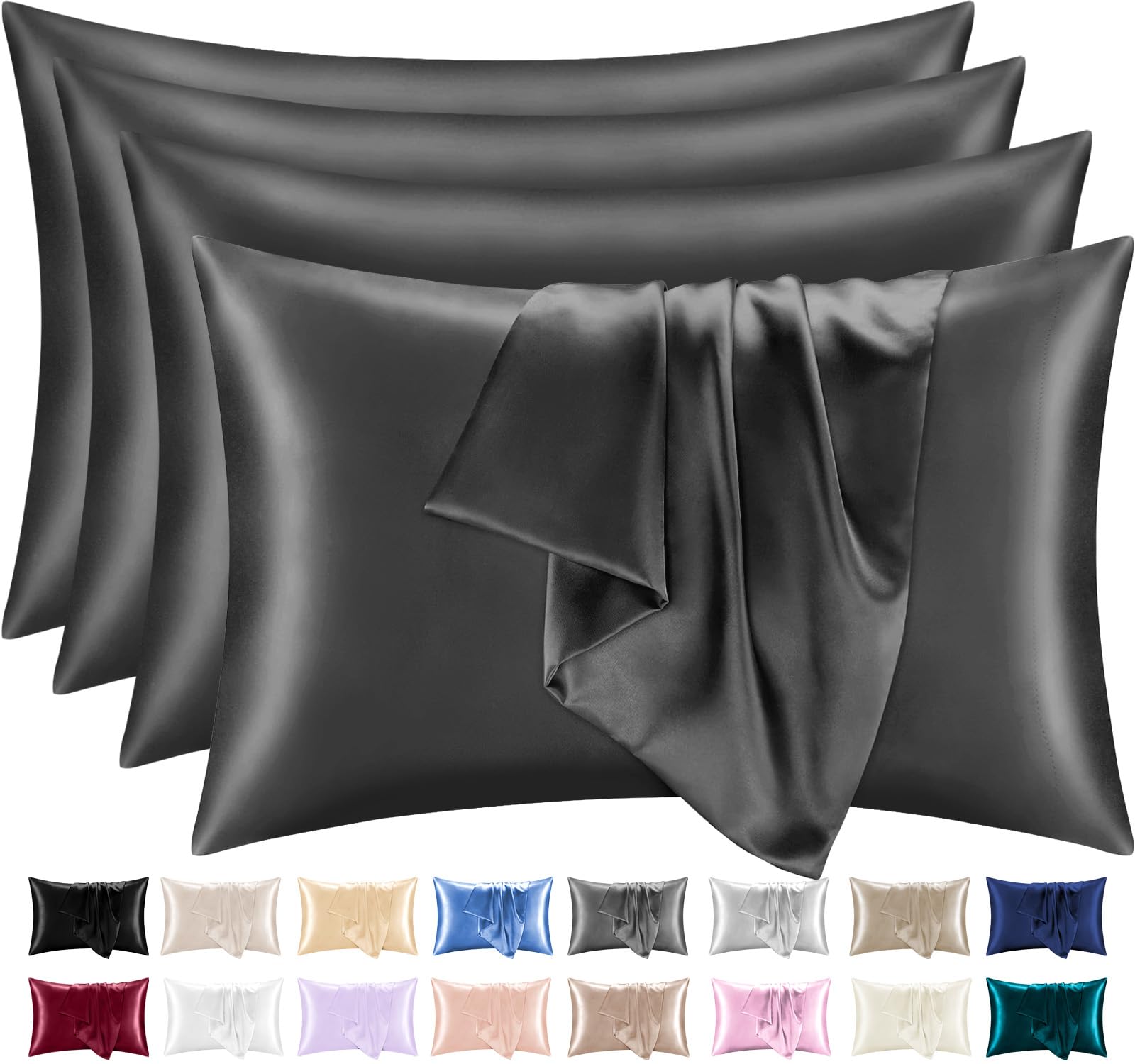 Lazzaro Satin Silk Pillowcases for Hair and Skin - Hypoallergenic Silk Pillow Cases 4 Pack with Envelope Closure - Ultrasoft Standard Size Charcoal Silk Pillowcases (50 x 75 cm)