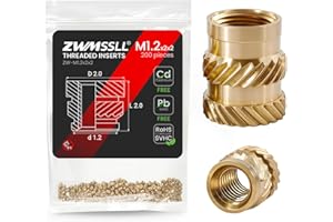 ZWMSSLL M1.2 Heat-Set Threaded Inserts, M1.2x2x2mm(200Pieces) Heat Set Insert for 3D Printing Components and Plastic Parts,Brass Metric Knurled Nuts