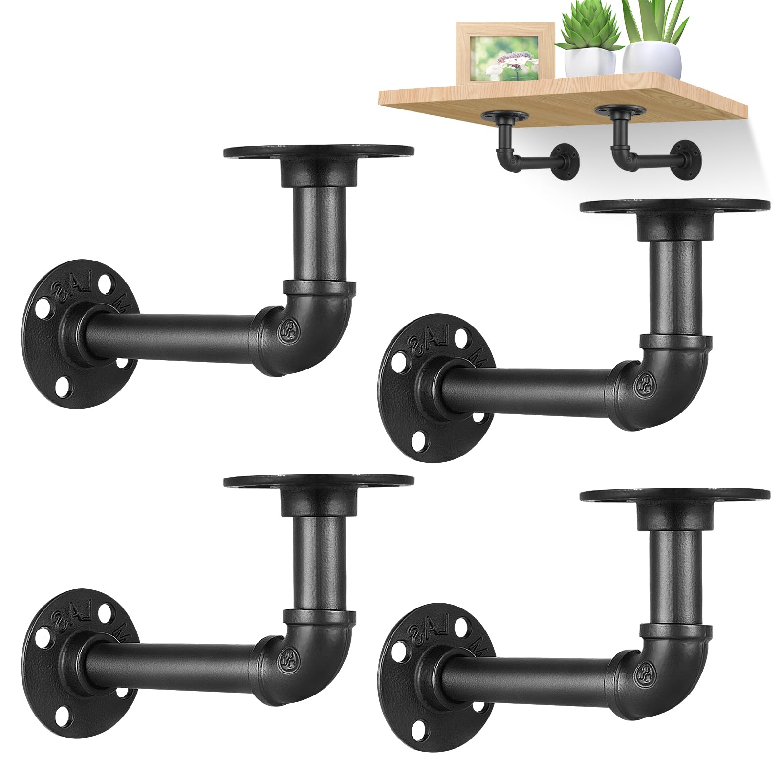 YAUNGEL 4PCS Industrial Pipe Shelving Brackets, Pipe Shelves - Elbow, Pipe Shelf Brackets for Book Shelf Floating Shelves, Vintage Furniture Decorations (Black)