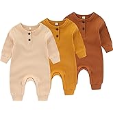 IADOER Newborn Baby Boys Girls One Piece Romper With Mitten Cuffs 3 Pack Long Sleeve Ribbed Button Jumpsuit Outfit Clothes