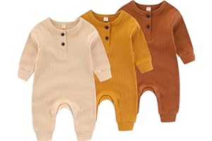 IADOER Newborn Baby Boys Girls One Piece Romper With Mitten Cuffs 3 Pack Long Sleeve Ribbed Button Jumpsuit Outfit Clothes
