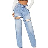 KKSONG Womens Distressed Straight Leg Jeans High Waisted Wide Leg Baggy Jeans Boyfriend Casual Denim Pants.