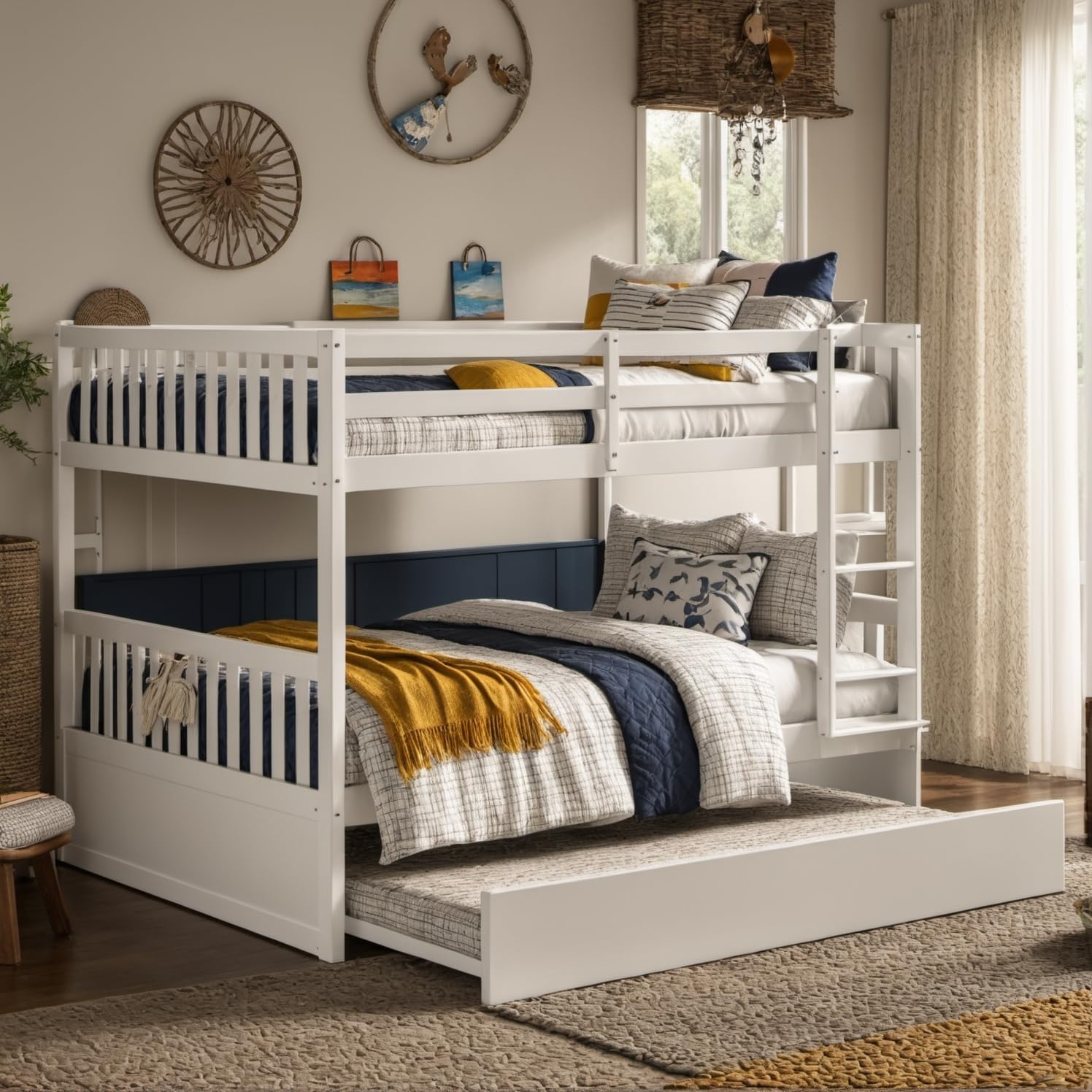 Photo 1 of PVWIIK Full Over Full Bunk Bed with Trundle and Ladder for Kids Bedroom,Wood Bed Frame with Safety Rails,Convertible to 2 Bed,No Box Spring Needed,White