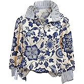 Verdusa Women's Boho Floral Striped Ruffle Button Up Dressy Blouse Collared Colorblock Work Shirts