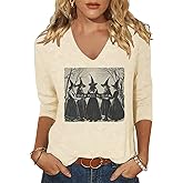 CGTPI Womens Fall Halloween 3/4 Sleeve V Neck Shirts | Thanksgiving Funny Graphic Length Sleeve Top Autumn Spooky Season Tees