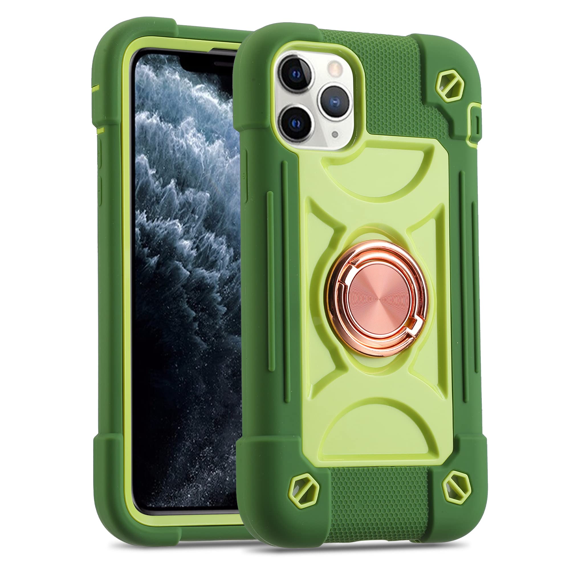 Photo 1 of MARKILL Compatible with iPhone 11 Pro Max Case 6.5 Inch with 360°Rotate Ring Stand, Military Grade Drop Protection Full Body Rugged Heavy Duty Case 3 in 1 Protective Durable Cover. (Avocado)