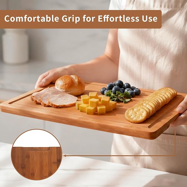 TAFOPUE BAMBOO CUTTING BOARD, LARGE KITCHEN CHOPPING BOARD WITH DEEP JUICE GROOVE & BUILT-IN HANDLE, REVERSIBLE WOODEN CHARCUTERIE BOARD AND SERVING TRAY FOR MEAT, BREAD, FRUIT, DAILY USE, 16×11×0.6”