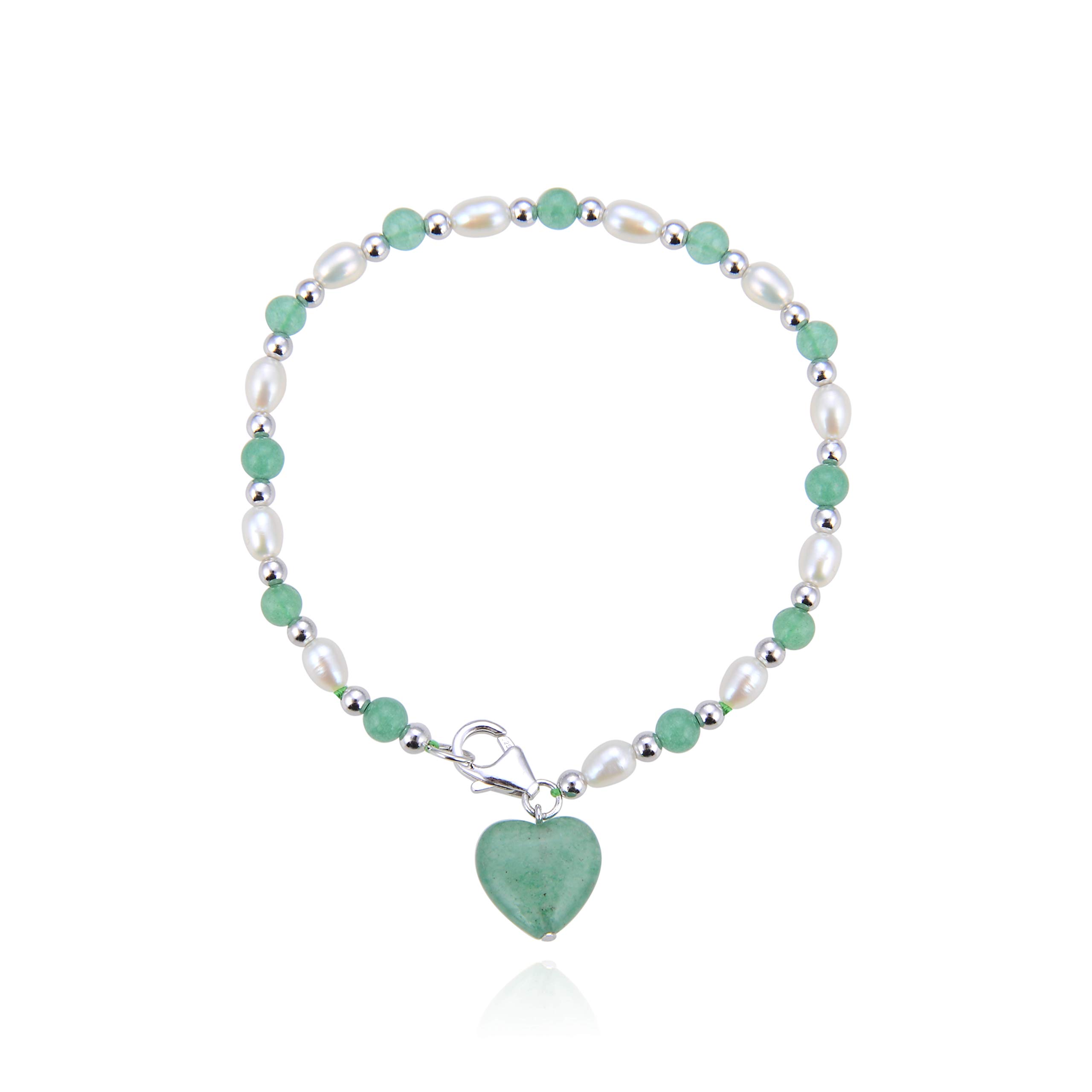 Jo & Co. Green Aventurine, Pearl and Sterling Silver Bracelet, White Freshwater Oval-Shaped Pearls, Rhodium-Plated 925 Sterling Silver, Attractively Priced